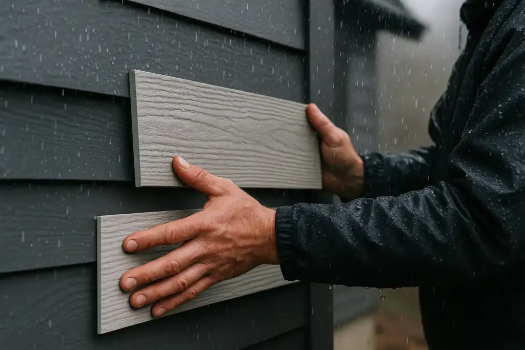 Close-up of hands holding fiber cement siding panel during installation in rainy Seattle weather