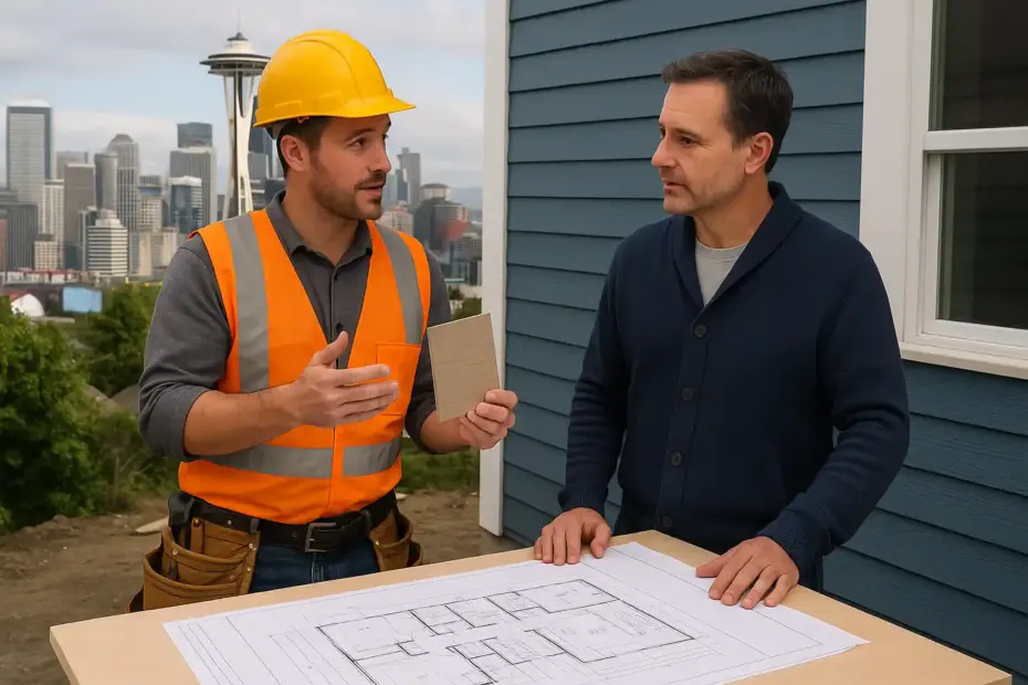 Professional contractor in Seattle discussing siding materials with a homeowner on-site, with blueprints on a table.