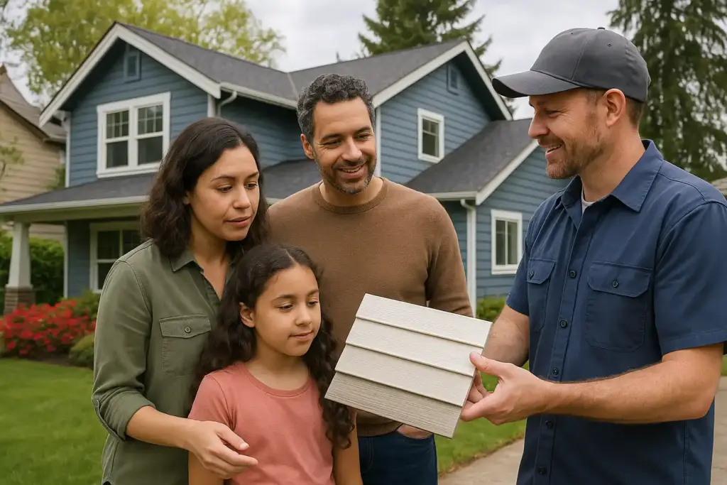 Family inspecting siding samples in front of their suburban Seattle house, contractor guiding them.