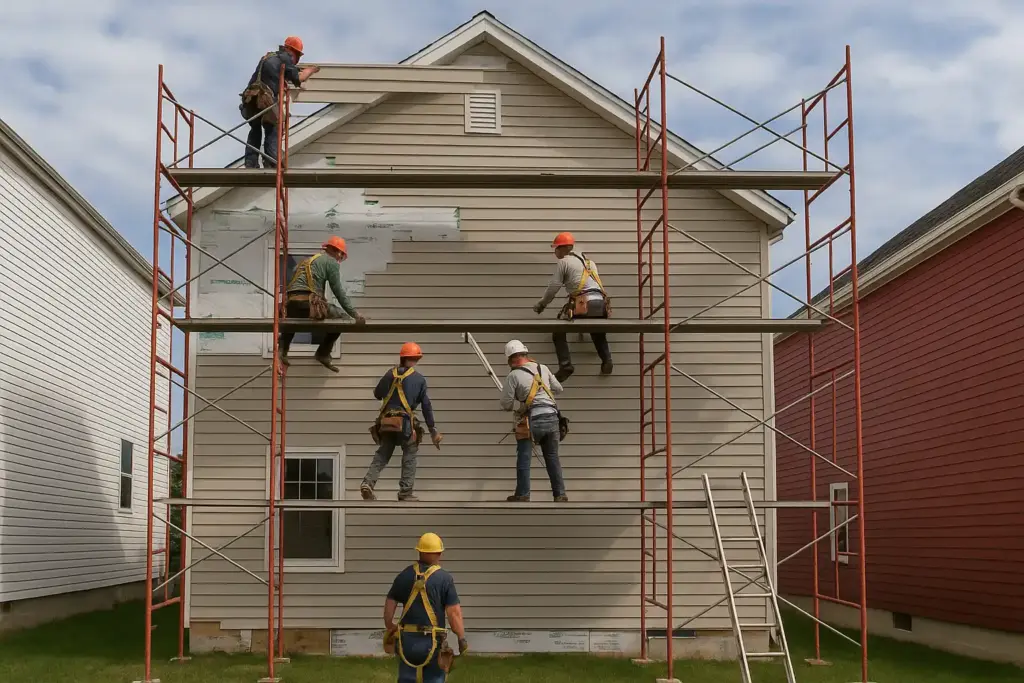 Time-lapse of a siding crew working on a two-story home, scaffolding and safety gear visible.