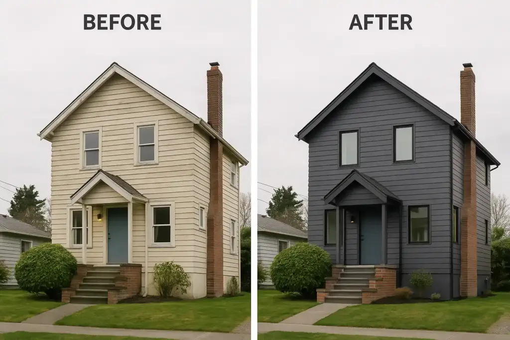 Before-and-after scene of a Seattle home with old siding compared to new, modern siding finish.